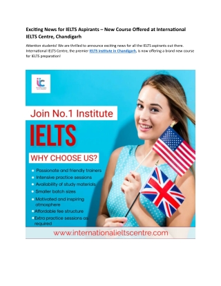 Exciting News for IELTS Aspirants – New Course Offered at International IELTS Centre, Chandigarh