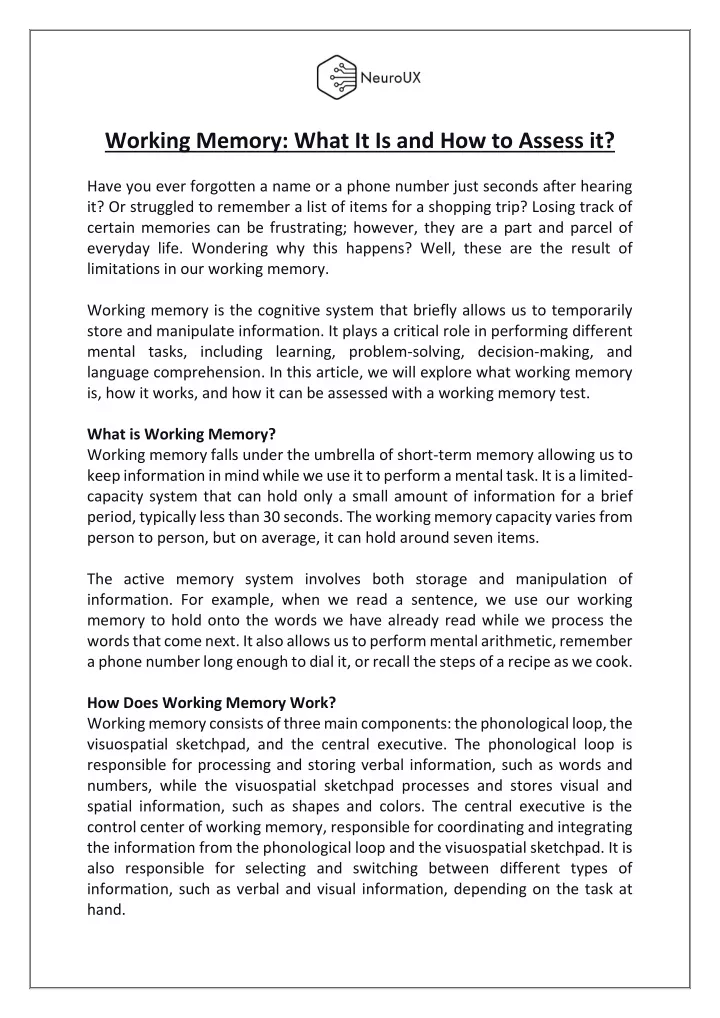 working memory what it is and how to assess it