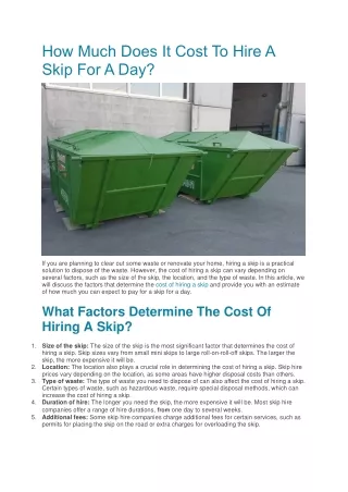 How Much Does It Cost To Hire A Skip For A Day