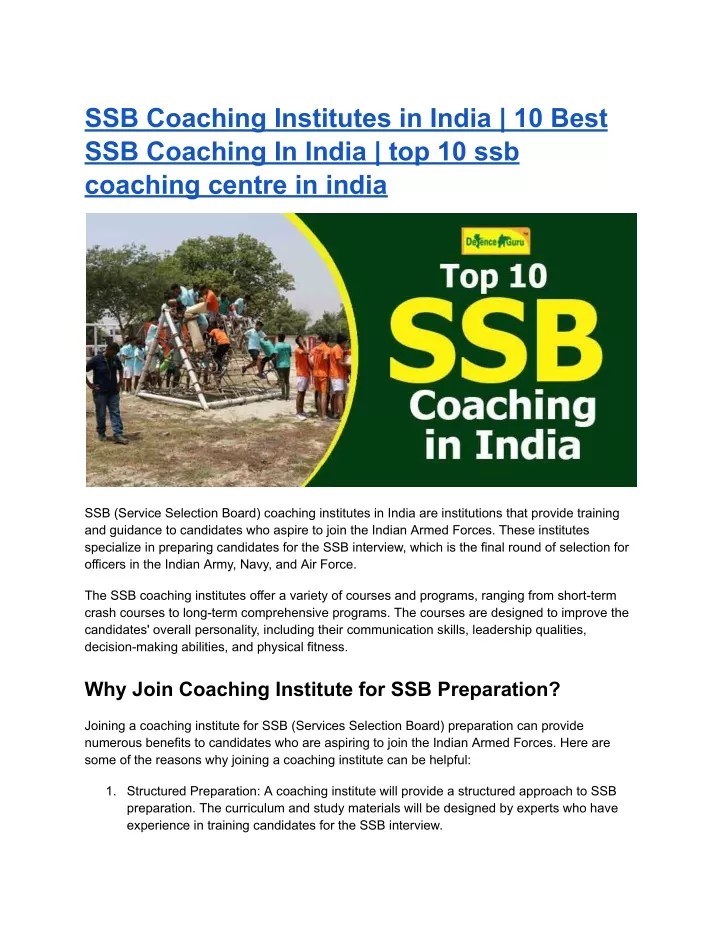 ssb coaching institutes in india 10 best