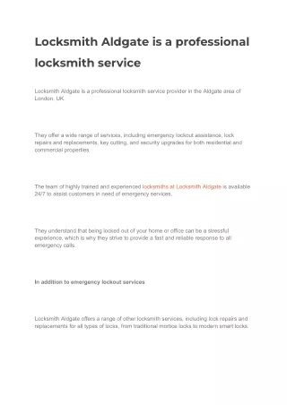Locksmith Aldgate is a professional locksmith service
