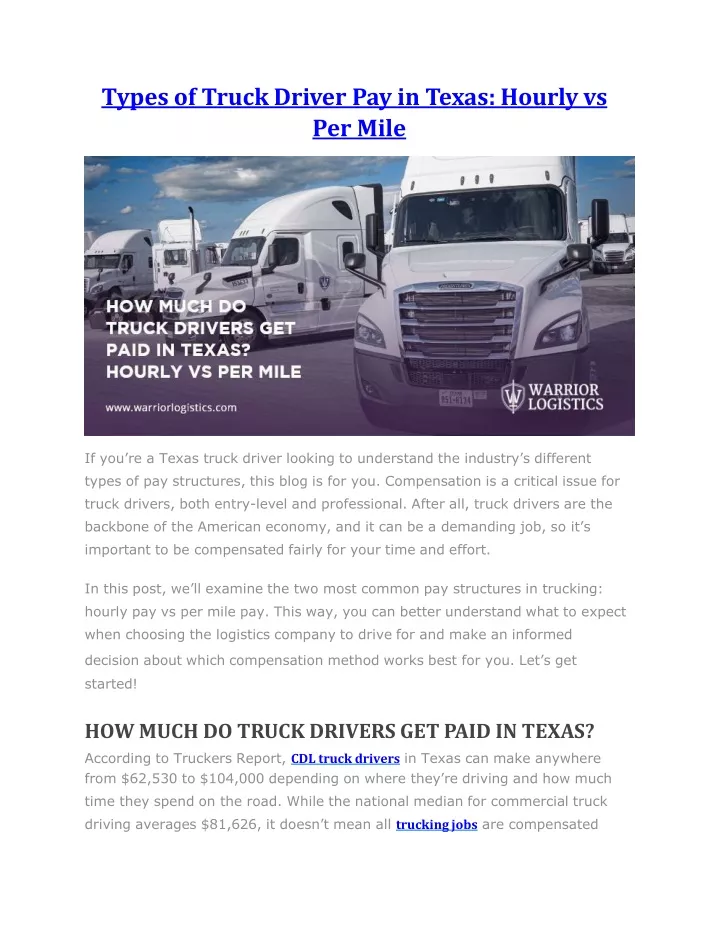 types of truck driver pay in texas hourly