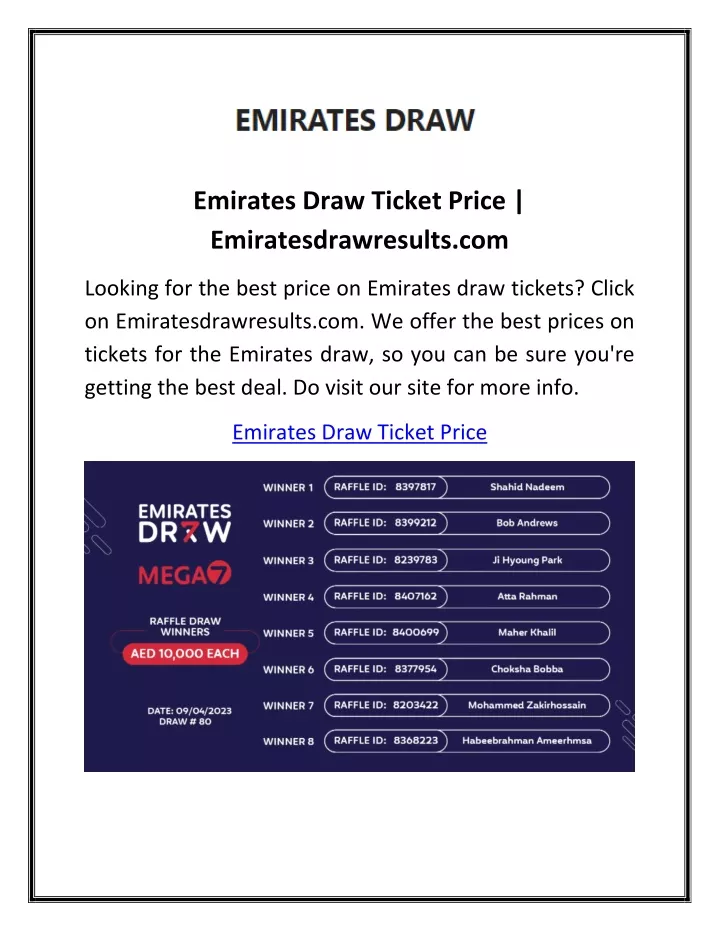 emirates draw ticket price emiratesdrawresults com