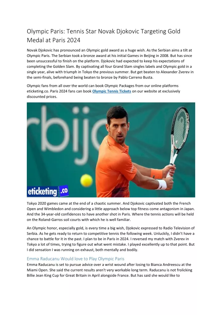 PPT Olympic Paris Tennis Star Novak Djokovic Targeting Gold Medal at