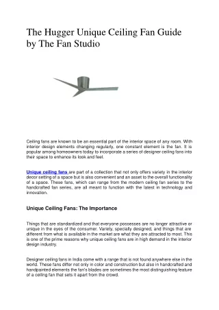 The Hugger Unique Ceiling Fan Guide by The Fan Studio