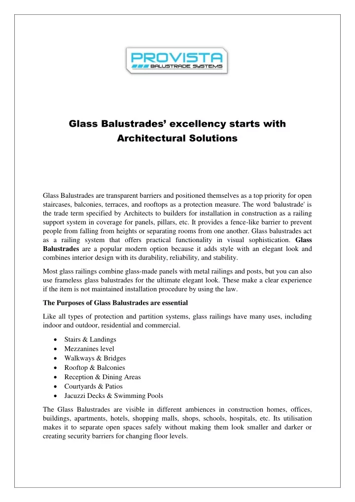 glass balustrades excellency starts with