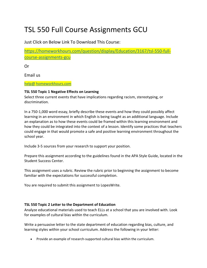 tsl 550 full course assignments gcu
