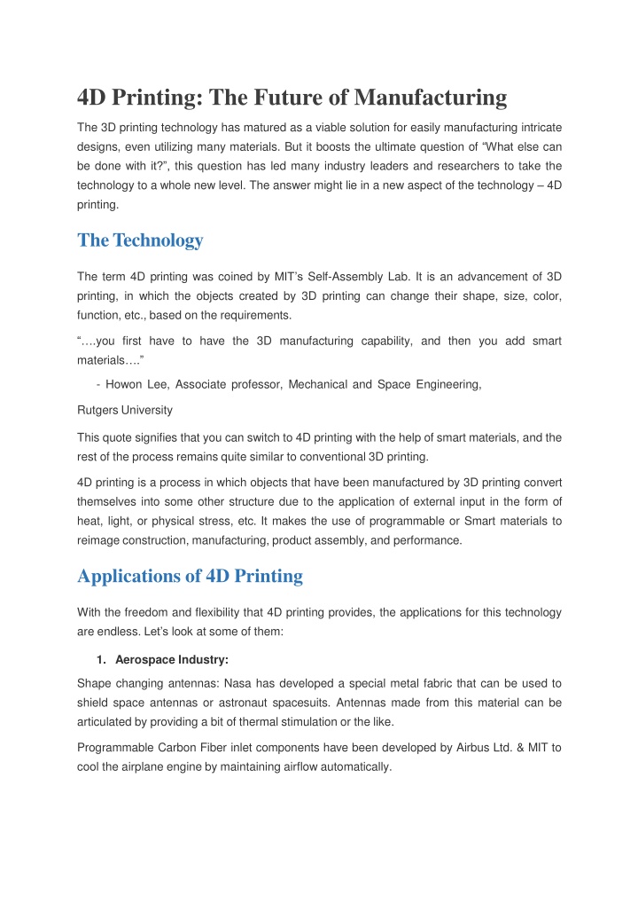 4d printing the future of manufacturing