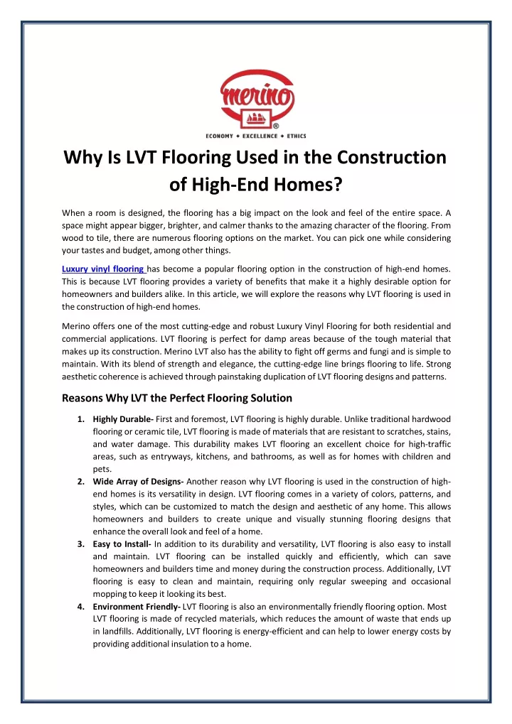 why is lvt flooring used in the construction of high end homes