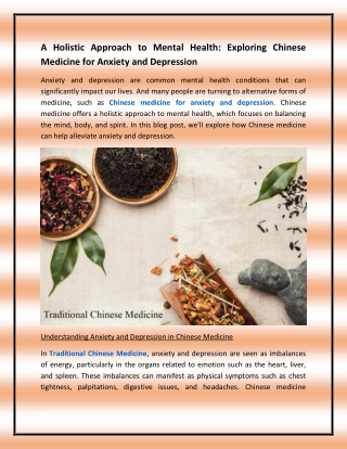 A Holistic Approach to Mental Health Exploring Chinese Medicine for Anxiety and Depression