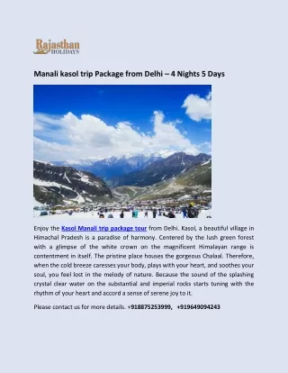 Manali kasol trip Package from Delhi – 4 Nights 5 Days