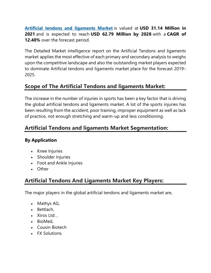 artificial tendons and ligaments market is valued