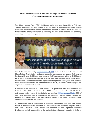 TDP's initiatives drive positive change in Nellore under N. Chandrababu Naidu leadership.