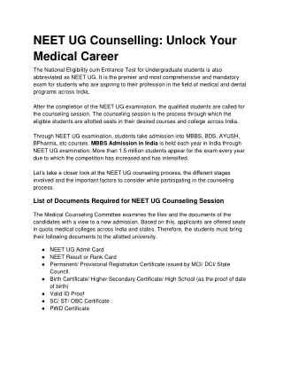 NEET UG Counselling MBBS Admission In India: Unlock Your Medical Career