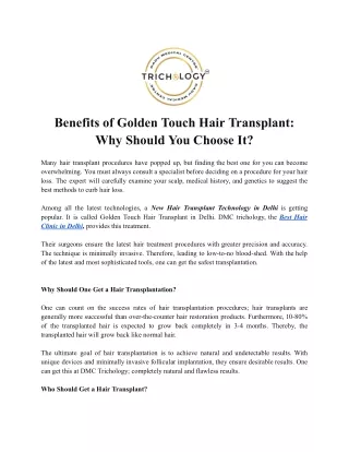 Benefits of Golden Touch Hair Transplant In Delhi - Why Should You Choose It?