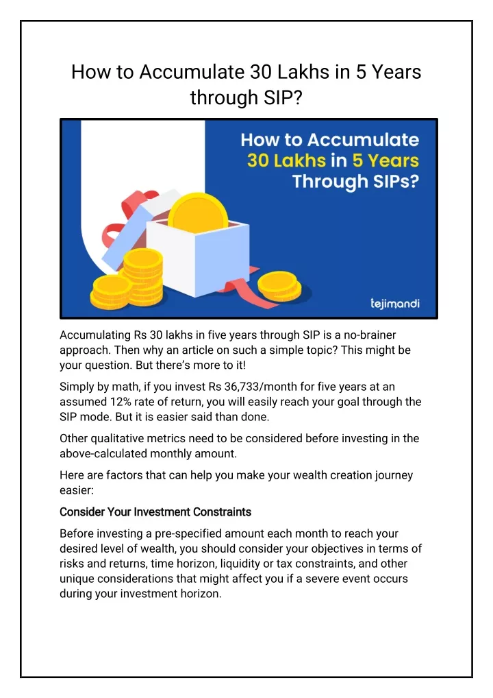 how to accumulate 30 lakhs in 5 years through sip