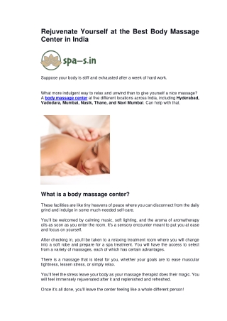 Rejuvenate Yourself at the Best Body Massage Center in India
