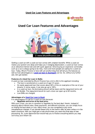 Used Car Loan Features and Advantages