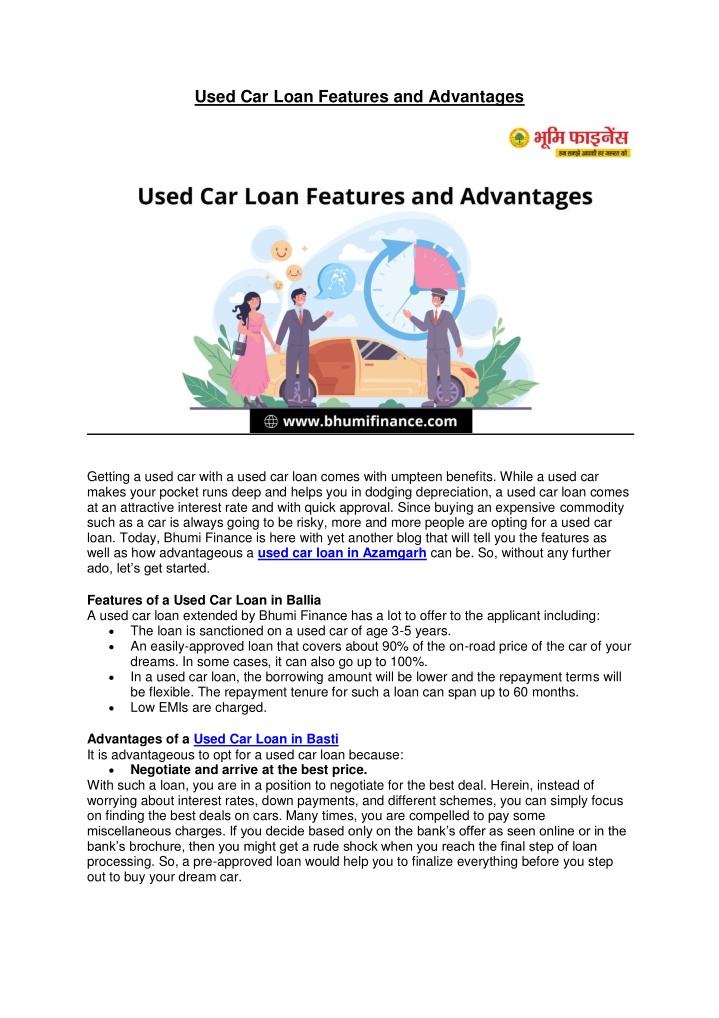 used car loan features and advantages