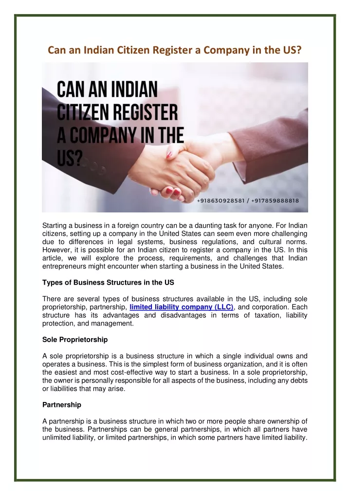 can an indian citizen register a company in the us