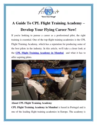 A Guide To CPL Flight Training Academy  Develop Your Flying Career Now