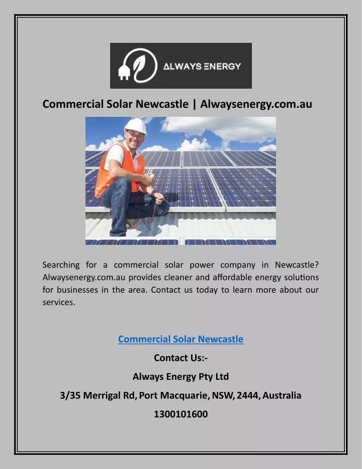 commercial solar newcastle alwaysenergy com au