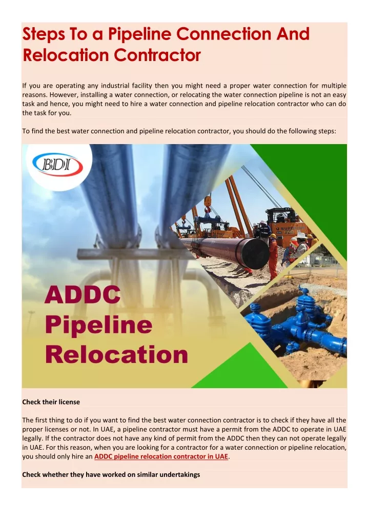 steps to a pipeline connection and relocation