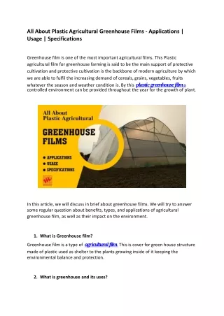 All About Plastic Agricultural Greenhouse Films - Applications - Usage - Specifications
