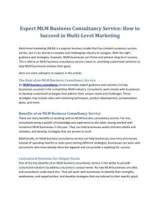 Expert MLM Business Consultancy Service- How to Succeed in Multi-Level Marketing