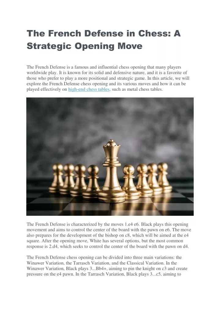 the french defense in chess a strategic opening