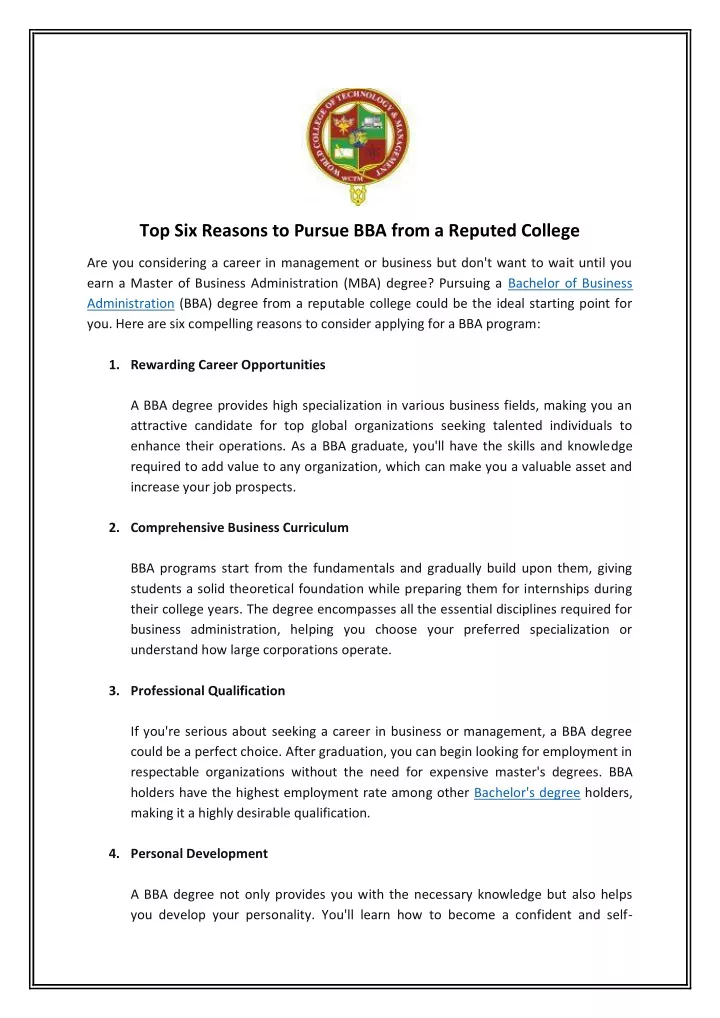 top six reasons to pursue bba from a reputed