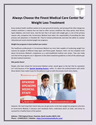 Always Choose the Finest Medical Care Center for Weight Loss Treatment
