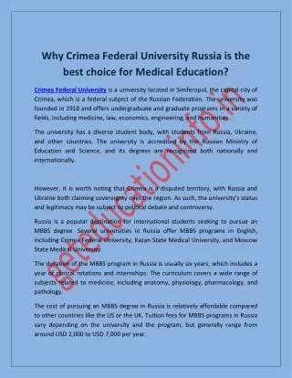 Why Crimea Federal University Russia is the best choice for Medical Education?