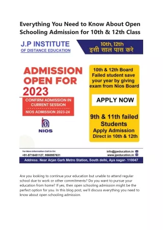 Open Schooling Admission for 10th & 12th Class in gurugram, chattarpur,