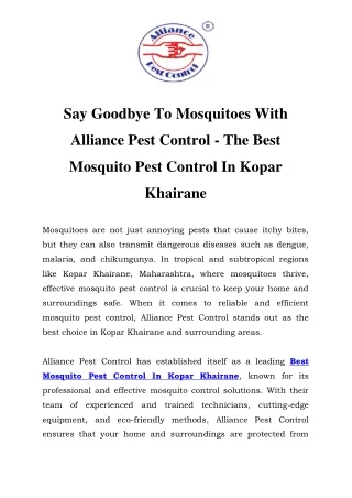 Best Mosquito Pest Control In Kopar Khairane Call-9833024667