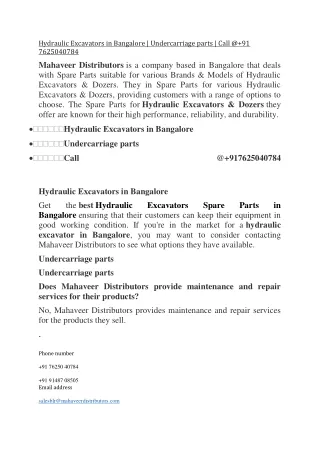 Hydraulic Excavators in Bangalore- Mahaveer Distributors