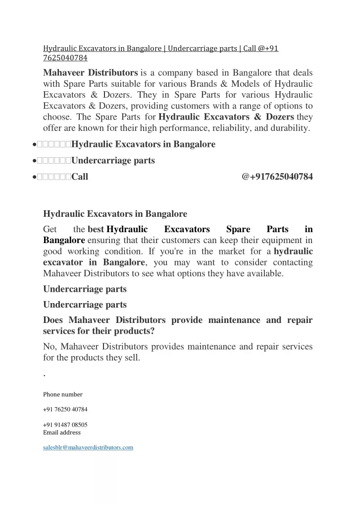 hydraulic excavators in bangalore undercarriage