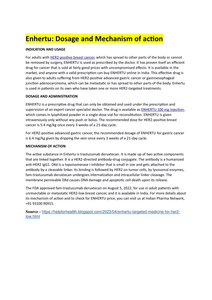 enhertu dosage and mechanism of action