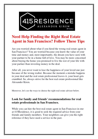 Need Help Finding the Right Real Estate Agent in San Francisco Follow These Tip