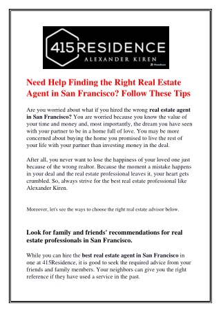 Need Help Finding the Right Real Estate Agent in San Francisco Follow These Tips