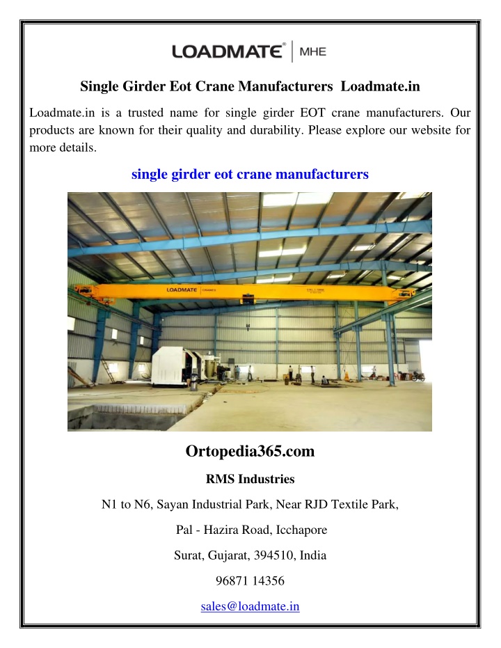 single girder eot crane manufacturers loadmate in