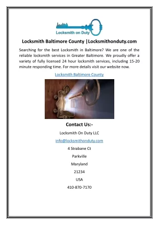 Locksmith Baltimore County |Locksmithonduty.com