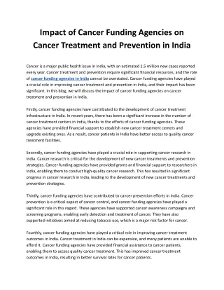 Impact of Cancer Funding Agencies on Cancer Treatment and Prevention in India
