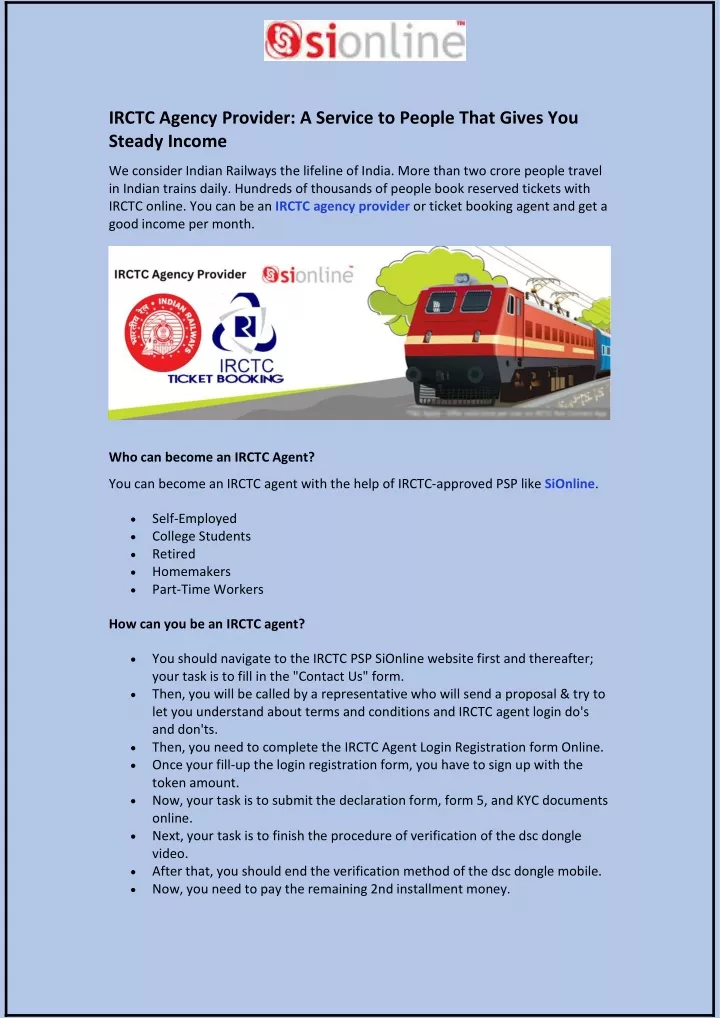 irctc agency provider a service to people that