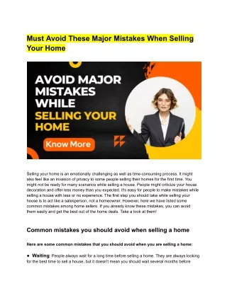 Must Avoid These Major Mistakes When Selling Your Home