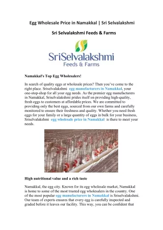 Egg Wholesale Price in Namakkal-Sri selvalakshmi Feeds & Farms