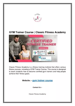 GYM Trainer Course | Classic Fitness Academy