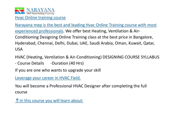 hvac online training course narayana