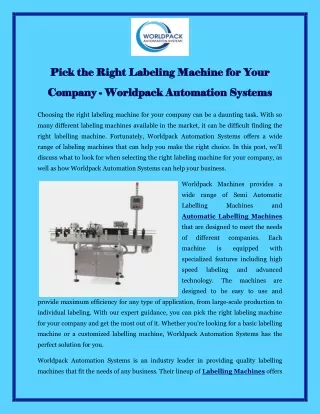 Pick the Right Labeling Machine for Your Company - Worldpack Automation Systems