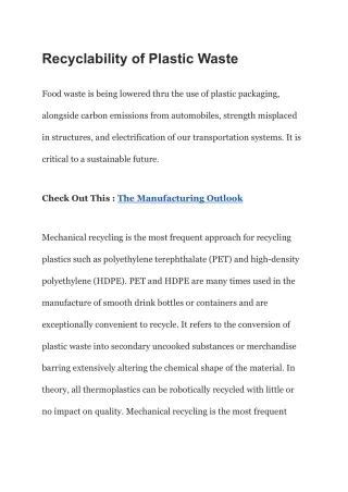 Recyclability of Plastic Waste